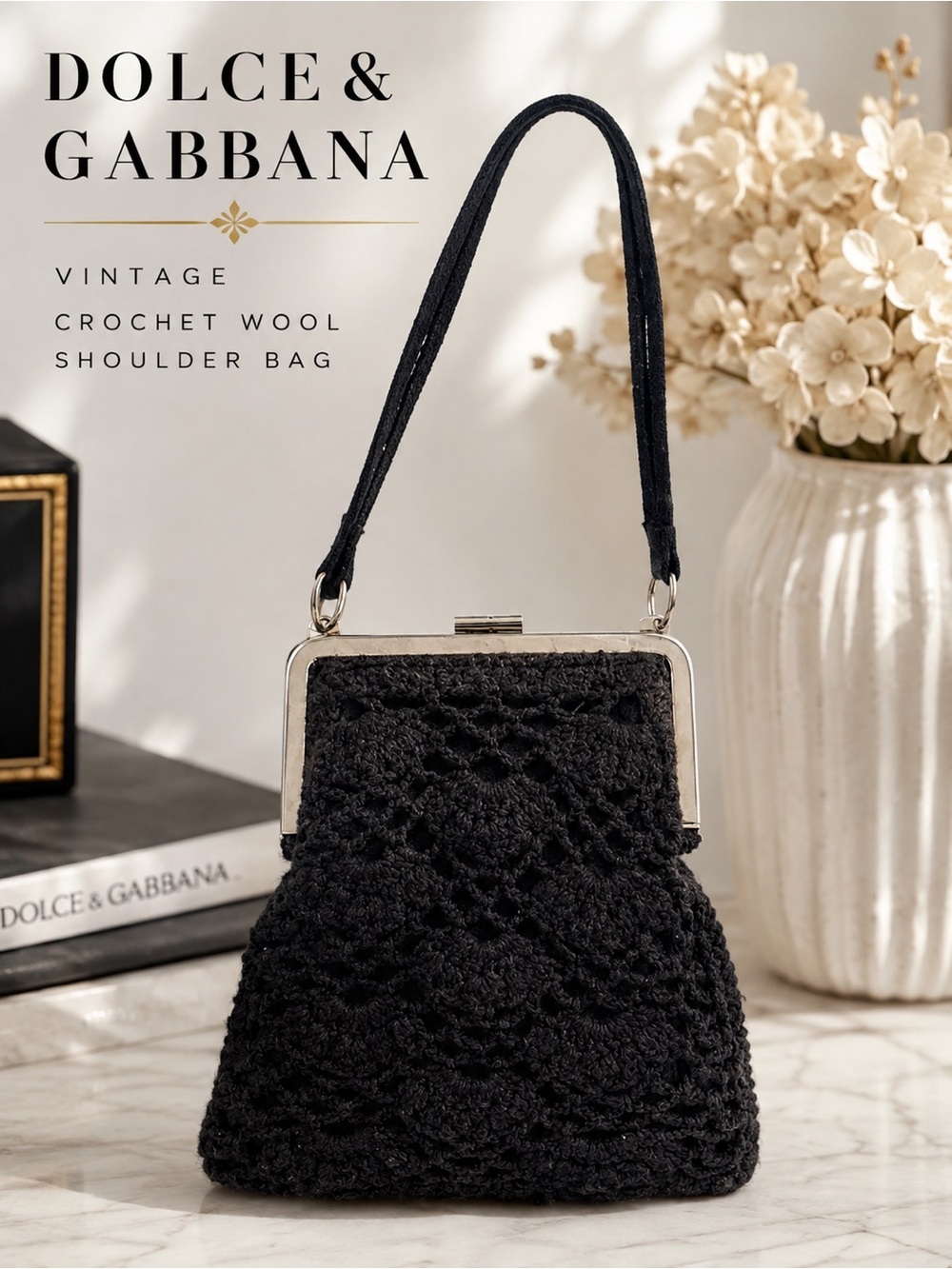 Dolce & Gabbana Vintage Black Crochet Wool Shoulder Evening Bag